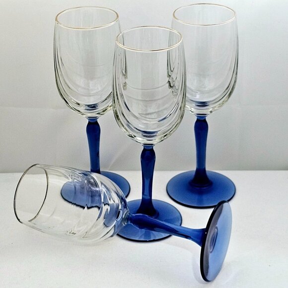 Libbey Crystal Blue Cobalt Wine Water Goblets 8.2" swag drape bowl gold rim (4) - Picture 1 of 8
